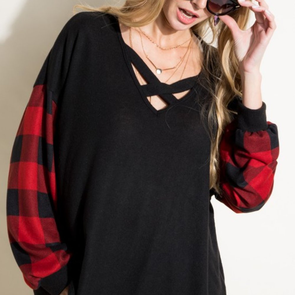 Buffalo Plaid Sleeve Criss Cross Tunic - Picture 2 of 7